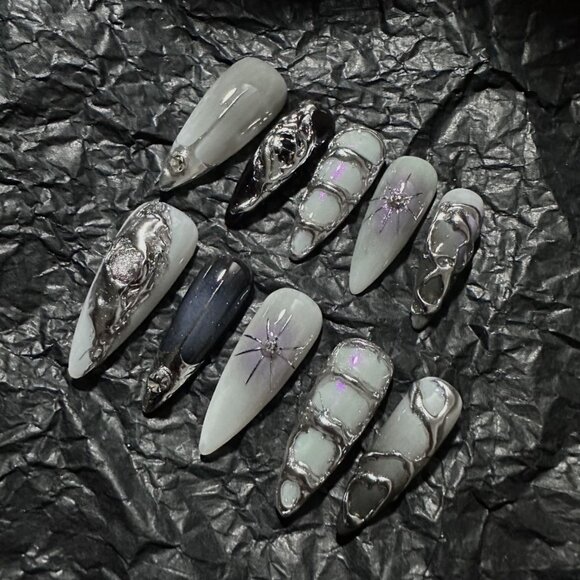 Handmade Gilding Dark Silver Meteorite Aurora Purple Metallic Press On Nails - Picture 1 of 3